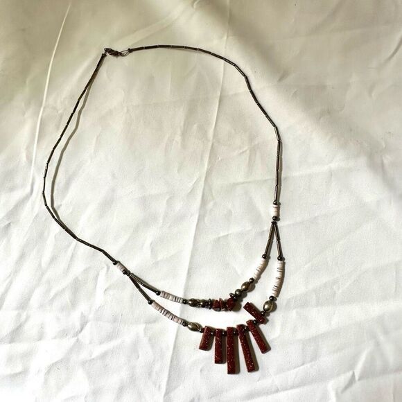 Goldstone shell silver tone double strand necklace - Picture 9 of 10